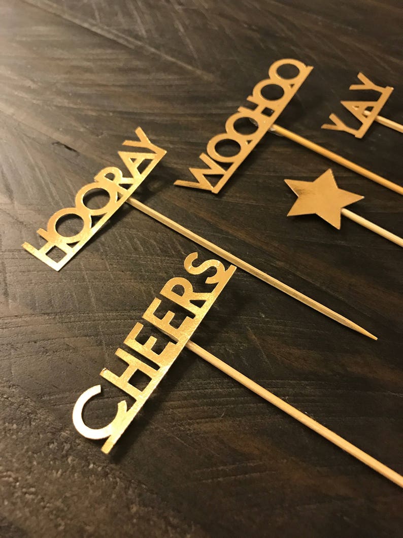 Celebration Party Food Picks Gold Cupcake Toppers Woohoo Customize it Hooray Cheers Yay Personalize it!