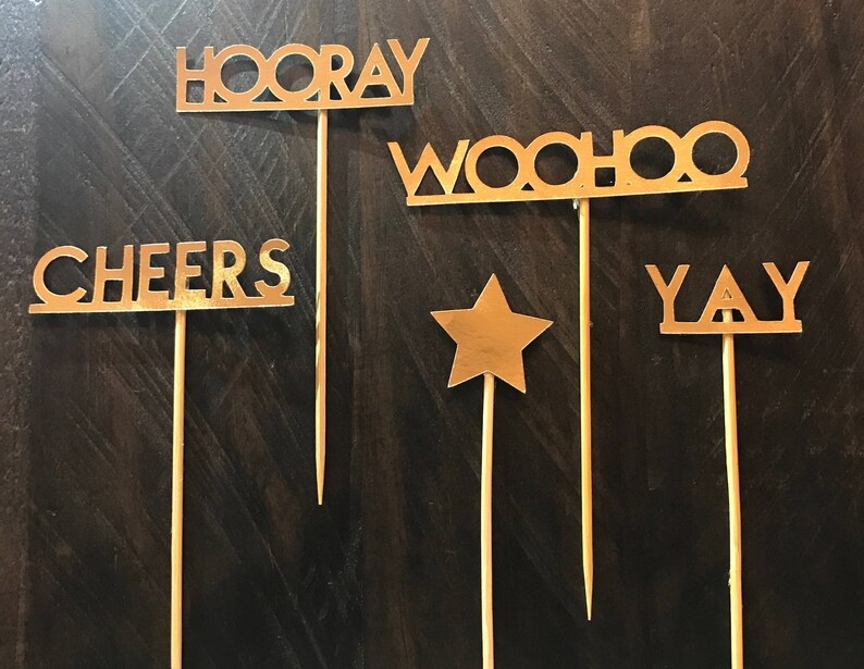Celebration Party Food Picks Gold Cupcake Toppers Woohoo Customize it Hooray Cheers Yay Personalize it!