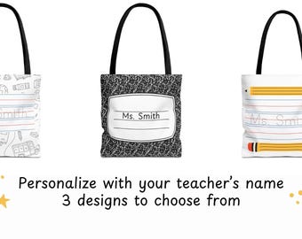 Personalized Teacher Tote Bag: Custom Name, 3 Designs