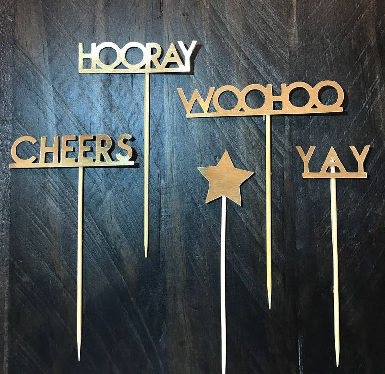 Celebration Party Food Picks Gold Cupcake Toppers Woohoo Customize it Hooray Cheers Yay Personalize it!