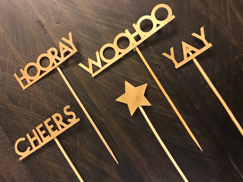 Celebration Party Food Picks Gold Cupcake Toppers Woohoo Customize it Hooray Cheers Yay Personalize it!