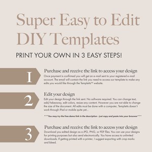 May include: A beige graphic with the text "Super Easy to Edit DIY Templates" and instructions to print your own designs in three steps. The steps include purchasing, editing, and downloading the design. The text is in a serif font.