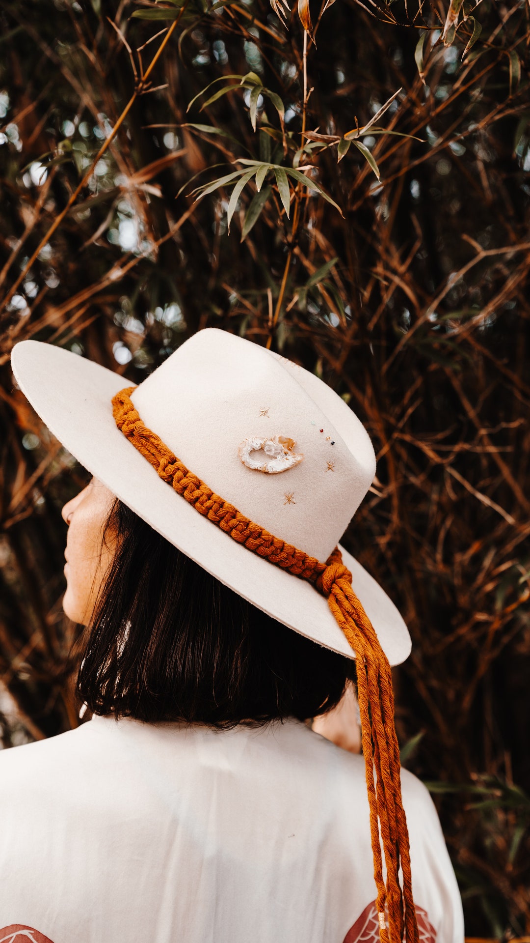 Cream Wool Felt Hat Wide Brim Embroidery Crystal Bohemian Festival