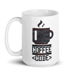 May include: White ceramic coffee mug with a black coffee cup design filled with code. The mug has the text "I TURN COFFEE INTO CODE" in a bold, black font. A perfect gift for programmers and coders.