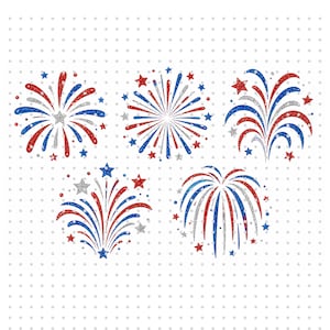 May include: A collection of five glittery fireworks illustrations in red, white, and blue. Each design features star accents and varying burst patterns, perfect for patriotic or celebratory themes.