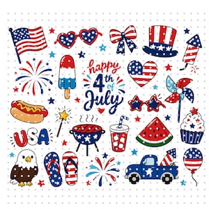 May include: A collection of patriotic illustrations for the 4th of July, including an American flag, heart-shaped sunglasses, a bow, a top hat, fireworks, a popsicle, a hot dog, and the text "happy 4th of July".