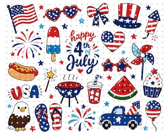 4. Juli Cartoon Clipart, PNG-Bundle des Patriotischen Gekritzel, USA Grafiken im flachen Stil, Sublimationsdesigns zum Unabhängigkeitstag, 4.Juli PNG