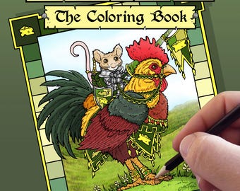 Puede incluir: Un libro para colorear titulado Tails of Adventure! The Coloring Book del artista Chet Minton. La portada muestra un ratón con armadura plateada montando un gallo grande con arnés verde y dorado, sobre un fondo de campo de hierba.
