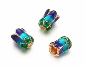 Pair of Kumihimo Enamel Petal Flower Peacock End Caps - Gold Base