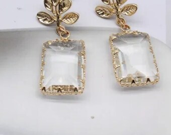 Women'scrystal clear gold square dropped earrings, MotherMom daughter anniversary birthday holiday.