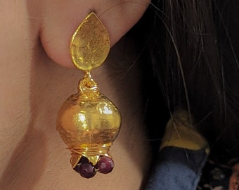 Pomegranate Ruby Wire Bead Earrings ESHQROCK Crimson - 22k Gold Plated Brass Gemstone Jewellery Birthstone Wedding Jewelry