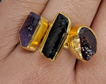 3 Stone Stacking Rings - ESHQROCK RAW Amethyst, Garnet, Black Tourmaline - Size N/7 22k Gold Plated Brass - Unique Rough Gemstone Set