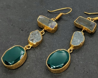 Rough Aquamarine, Fluorite & Green Onyx Earrings ESHQROCK RAW - 22k Gold Plated Brass