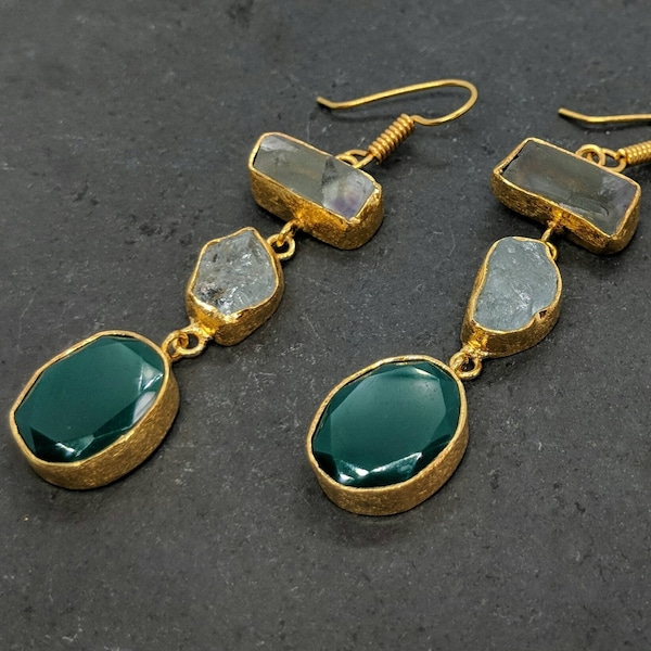 Rough Aquamarine, Fluorite & Green Onyx Earrings ESHQROCK RAW - 22k Gold Plated Brass