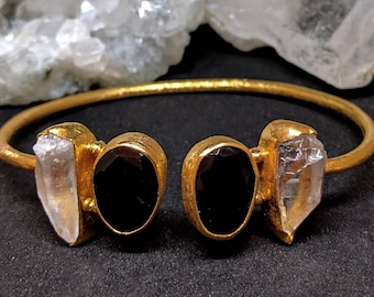 Made to Order Rough Herkimer Diamond & Onyx Cuff Bracelet ESHQROCK RAAT - 22k Gold Plated Brass