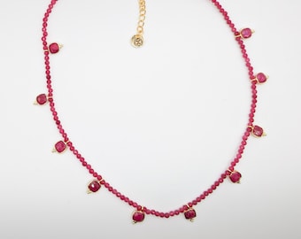 Ruby bead Choker with Charms Layering Necklace ESHQROCK CRIMSON - 22k Gold Plated Brass