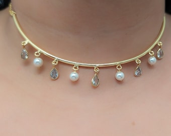 Delicate Seed Pearl & Quartz Wedding Bridal Choker Necklace ESHQROCK DARYA - 22k Gold Plated Brass