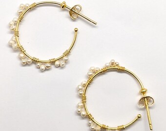 Delicate Seed Pearl Wire Hoop Earrings ESHQROCK DARYA PREMIUM - 22k Gold Plated 925 Silver