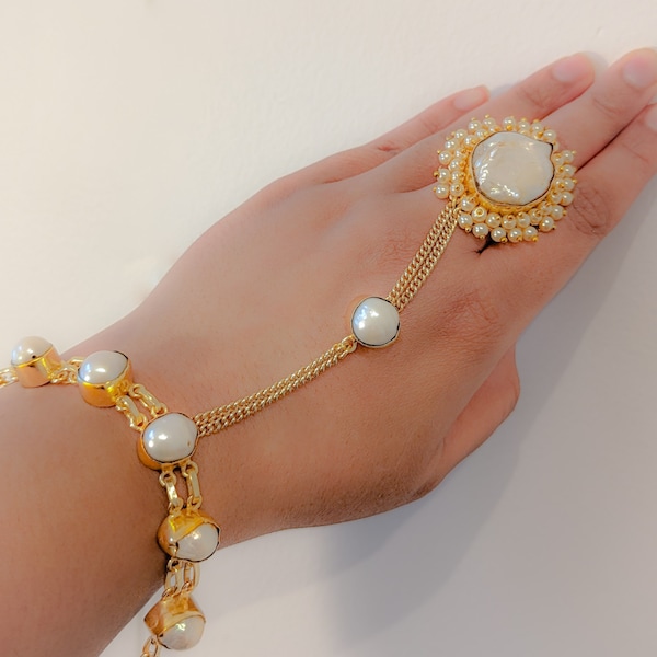 Baroque Pearl or Amethyst Hathphool Finger Ring Chain Bracelet Hand ESHQROCK RAAT - 22k Gold Plated Brass Wedding Jewelry