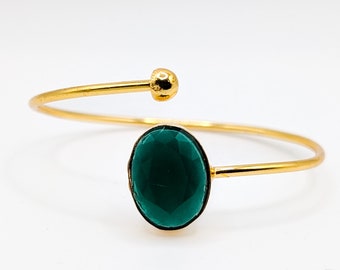 Minimal Green Onyx Cuff Adjustable Bracelet ESHQROCK DARYA - 22k Gold Plated Brass