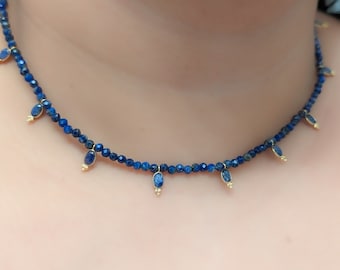 Lapis Lazuli Blue bead Choker with Charms Layering Necklace ESHQROCK DARYA - 22k Gold Plated Brass