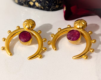 Pink Druzy Agate Crescent Moon Chand ESHQROCK CRIMSON - 22k Gold Plated Brass - Statement Indian Bridal