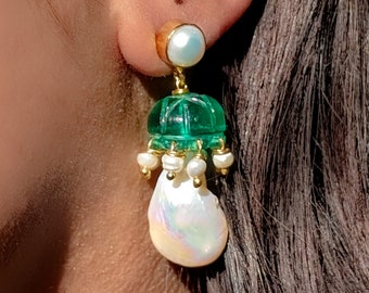 Emerald Quartz Carved Jhumka & Baroque Pearl Earrings ESHQROCK RAAT - 22k Gold Plated Brass