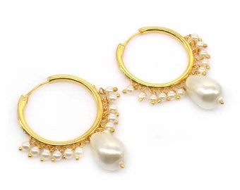 Pearl Hoop Vaaliyan Dangle and Drop Earrings ESHQROCK DARYA - 22k Gold Plated Brass