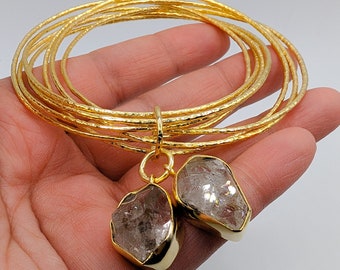 Herkimer Diamond Bangles Bracelet ESHQROCK RAW - 22k Gold Plated Brass