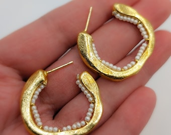 Seed Pearl Organic Shaped Hand Forged Hoop Earrings ESHQROCK DARYA - 22k Gold Plated Brass