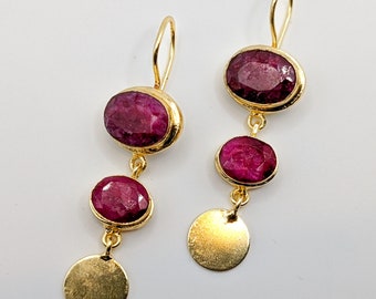 Ruby Oval Coin Drop Earrings ESHQROCK CRIMSON - 22k Gold Plated Brass Gemstone Jewellery Birthstone Wedding Jewelry