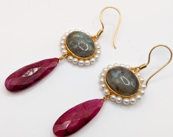 Ruby, Pearl & Labradorite Earrings ESHQROCK CRIMSON - Handcrafted 22k Gold Plated Brass - Elegant Gift for Her Mughal