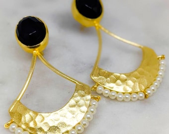 ESHQROCK RAW Black Onyx & Seed Pearl Hammered Earrings 22k Gold Plated Brass