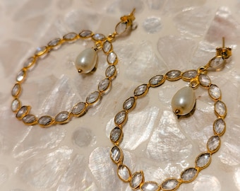 Delicate Indian Pearl Kundan Zirconia Chandelier Earrings ESHQROCK DARYA - 22k Gold Plated Brass Wedding