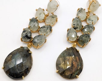 Drop and Dangle Labradorite and Ombre Rutile Green Earrings ESHQROCK RAAT - 22k Gold Plated Brass