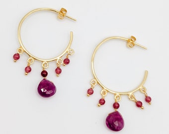 Ruby Bead Hoop Earrings Vaaliyan ESHQROCK CRIMSON PREMIUM - Handcrafted 22k Gold Plated 925 Silver Jewelry - Gift for Her
