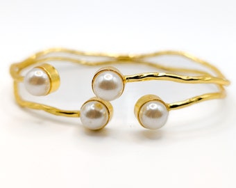 Pearl Organic Irregular Shaped Cuff Adjustable Bracelet ESHQROCK DARYA - 22k Gold Plated Brass