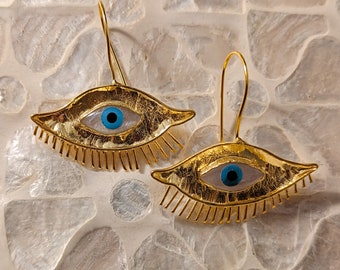 Quartz Evil Eye Hammered Handmade Statement Drop Earrings ESHQROCK DARYA - 22k Gold Plated Brass