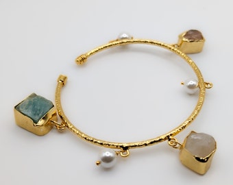 Rough Aquamarine, Citrine, Rose Quartz and Pearl Bangle Bracelet ESHQROCK RAW - 22k Gold Plated Brass