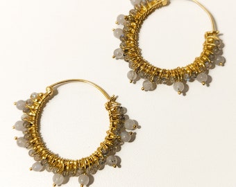 Labradorite Vaaliyan Bead Wire Delicate Hoop Earrings ESHQROCK RAAT PREMIUM - 18k Gold Plated 925 Silver