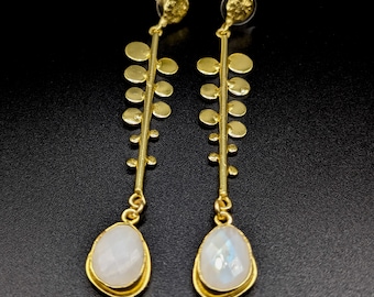 Phases of the Moon Moonstone Statement Drop and Dangle Earrings ESHQROCK RAAT - 22k Gold Plated Brass