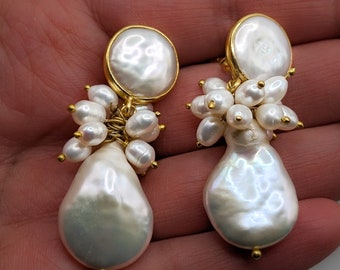 Pearl Everything Drop and Dangle Earrings ESHQROCK DARYA 22k Gold Plated Brass - Wedding Bridal