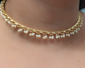 Delicate Seed Pearl Cluster Wedding Bridal Choker Necklace ESHQROCK DARYA - 22k Gold Plated Brass