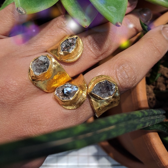Rough Herkimer Diamond Wrap Ring ESHQROCK RAW - Size 7 Adjustable 22k Gold Plated Brass