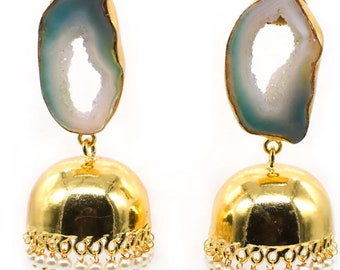 Made to Order Seed Pearl & Blue Druzy Jhumka Filigree Dangle and Drop Earrings ESHQROCK CRIMSON - 22k Gold Plated Brass