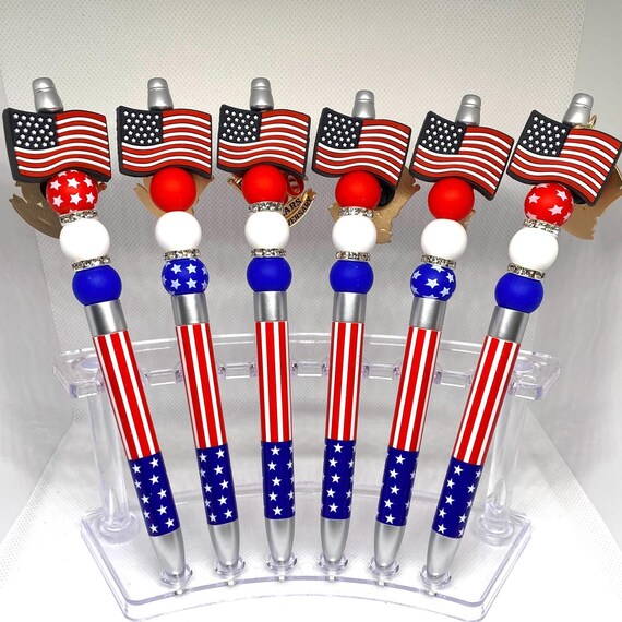 America's 250th Year Beaded Pens Metal Lapel Pin Hat Pin Black Ink and refills Writing Pens Adorned with cute Silicone Flag Beads