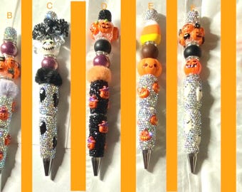 Halloween Beaded Novelty Pens, Pumpkins Ghosts Skull Face Candy Corn 3D Acrylic-Silicone Beads, Black Ink
