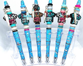 Nurse Beaded Scrub Shirt Novelty Pens, NURSE 2D Silicone Beads, Black Ink