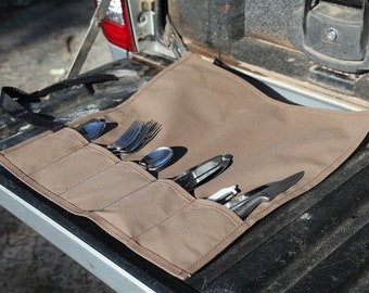 Standard Cutlery Roll 5 Pocket For Camping. Brown. Australian Made. Aust Canvas.