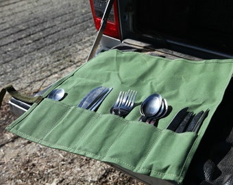 Standard Cutlery Roll 5 Pocket for camping. Green  Canvas.